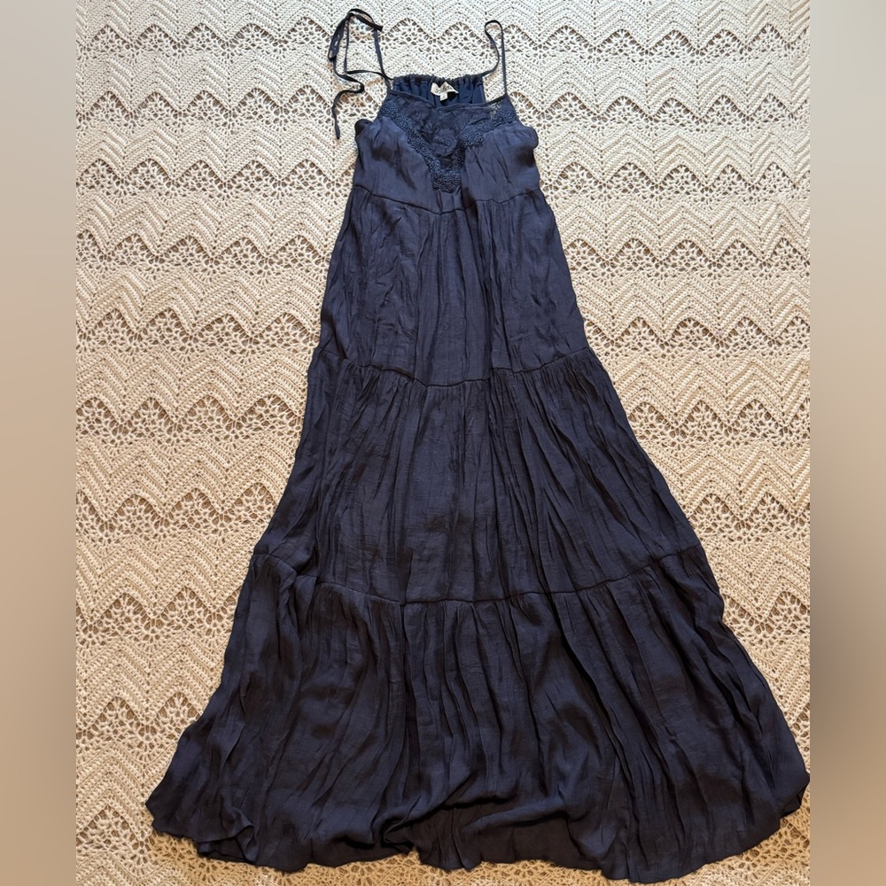 Listicle Navy Blue Tiered Ruffle Maxi Dress Adjustable Tie Straps Boho Boutique